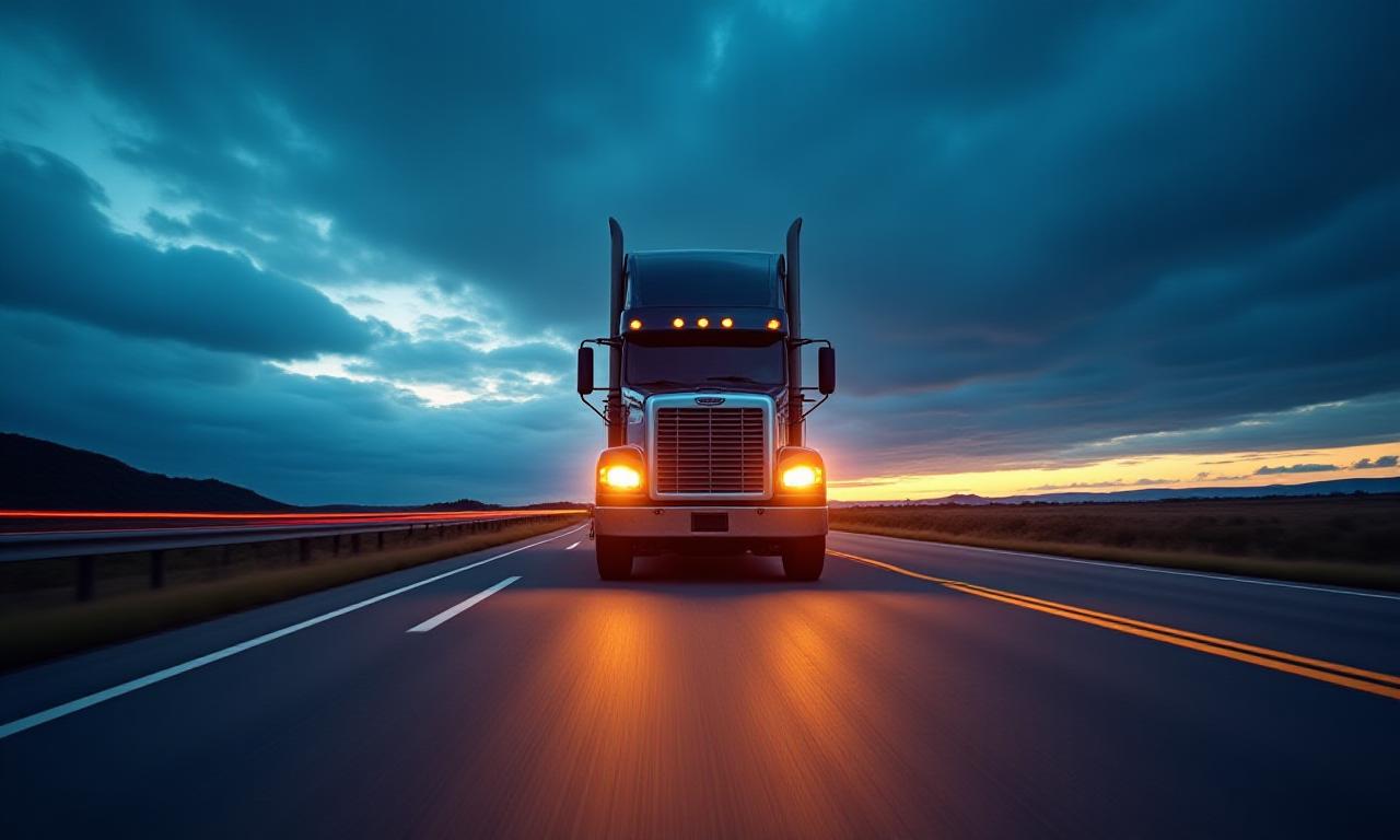 Modern logistics truck on a highway at dusk