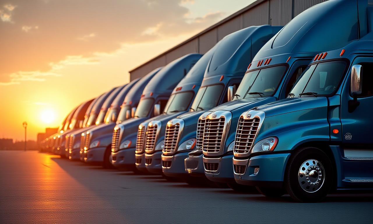Daniels Storage and Delivery Services Incorporated heavy duty trucking fleet lined up at sunset