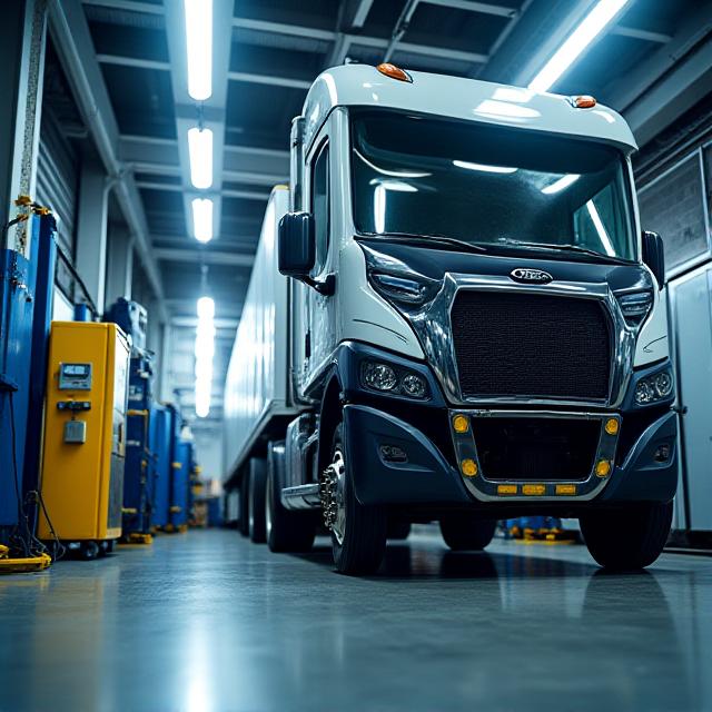 Technicians performing maintenance on a large truck in a clean facility