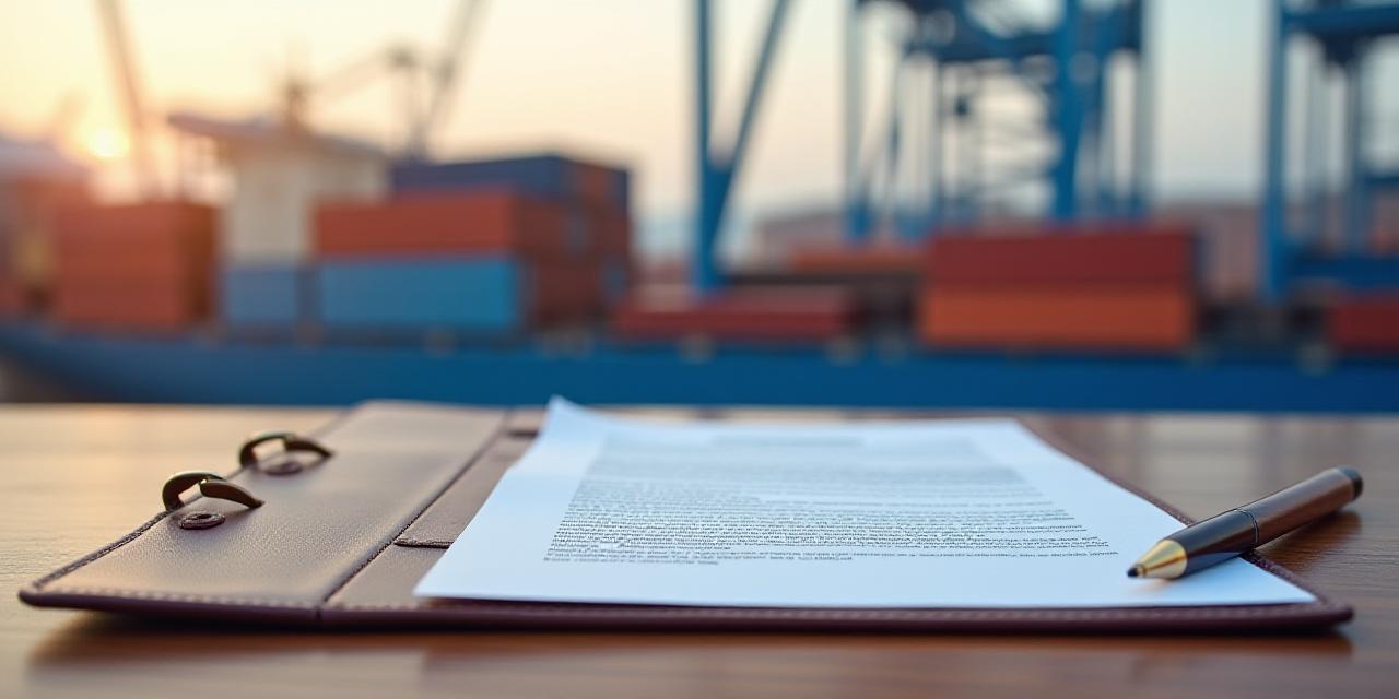Logistics legal documentation and cargo ship at port