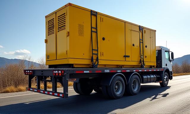 A flatbed truck carrying industrial machinery